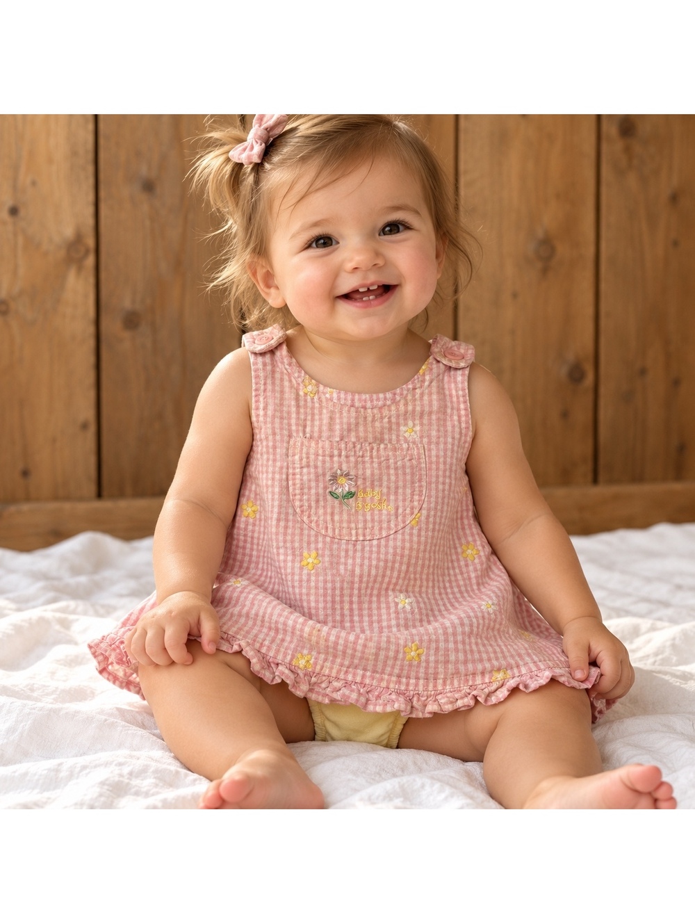 Vintage Baby Gingham Dress Baby B’gosh Pink Daisy Embroidered 12 Months